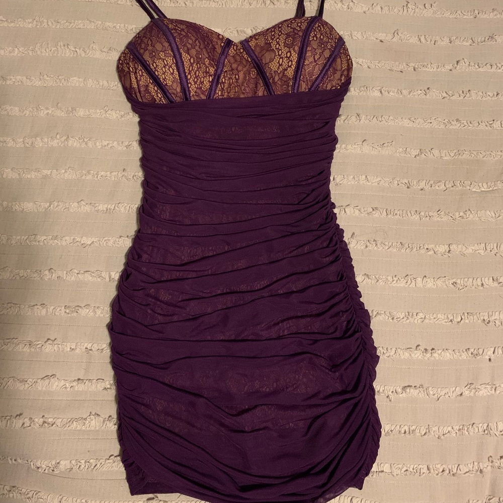 Emprada L Purple Mesh Ruched Dress